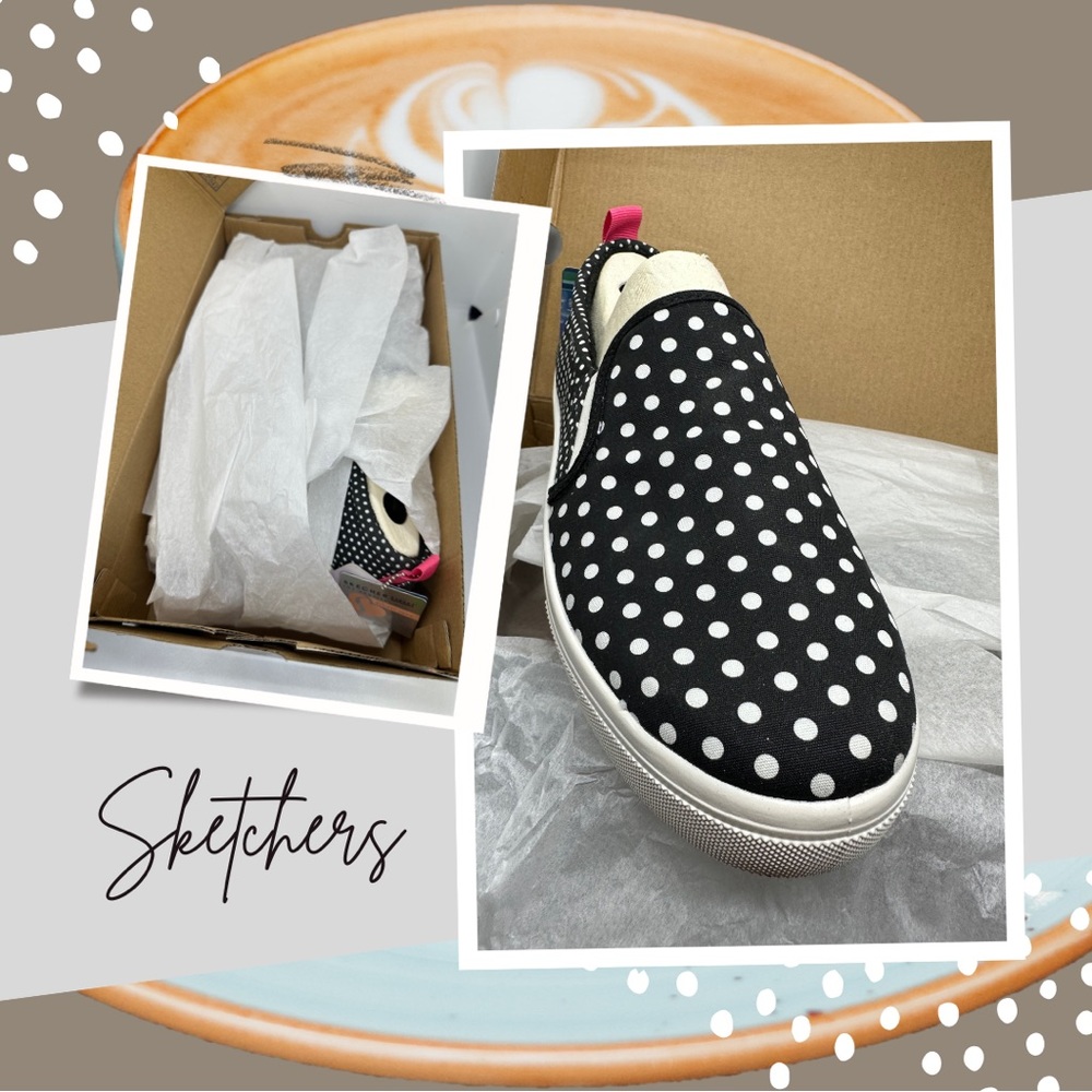 Brand New Sketchers Blk/Wht Polka Dot Slip-Ons SZ 9.5
